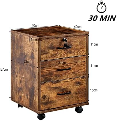 OFCASA 3 Drawer File Cabinet with Lock, Small Rolling Filing Cabinets for Home Office, Wood Under Desk File Cabinet with Wheels, Mobile Storage Organizer, Printer Stand for Letter/Legal, Rustic Brown - Image 2