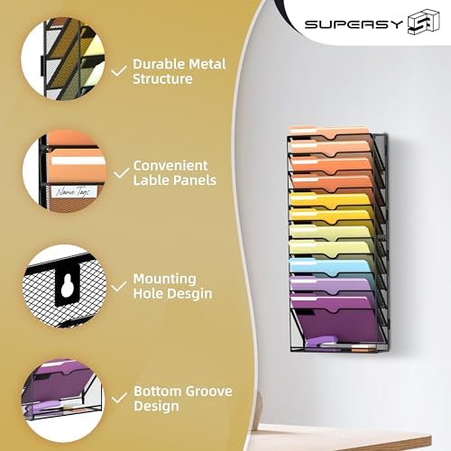 SUPEASY 12-Tier Wall File Organizer, Mesh Hanging Wall Mount File Holder - Image 4