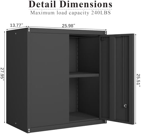 28" H Garage Storage Cabinet, Metal Garage Wall Cabinets with Doors and Shelves, Small Wall Mount Cabinet for Kitchen, Garage, Laundry Room, Pantry, Black - Image 3