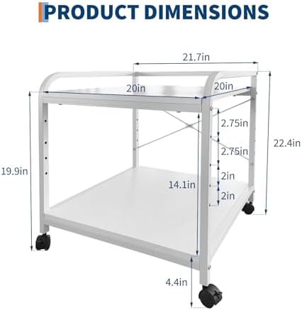 GarveeHome Under Desk Printer Stand, 20" Deep Large Printer Table with Height Adjustable Storage Shelf, 2 Tier Rolling Printer Cart with Wheels for Home Office, White - Image 2