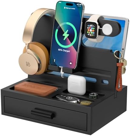 Sephyroth Bamboo Phone Docking Station Nightstand Organizer Cell Phone Stand Gifts for Men, Dad Gifts for Boyfriend, Husband with Drawer Storage (Black) by Sephtroth