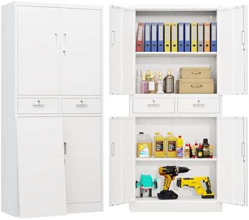 BESFUR Metal Storage Cabinet with 2 Drawers and Adjustable Shelves, 71" H Reinforced Heavy Duty Locking Storage Cabinet for Office, Garage, Home, School, Utility(White) by BESFUR