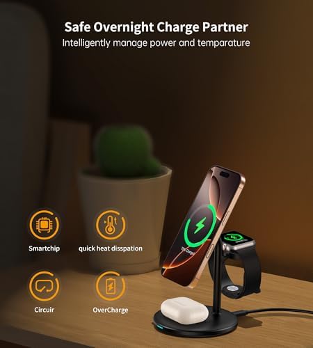 XooFly 3 in 1 Wireless Charging Station for Apple Devices, Fast Wireless Mag-Safe Charger Stand with 20W Adapter for iPhone 17/16 15 14 13 12 Pro Max/Pro/Plus/Air/Mini, iWatch, AirPods (Black) - Image 2