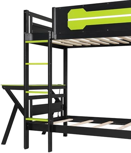 Polibi Twin Over Twin Bunk Bed with 2 Built-in Gaming Desks, USB Charging Ports & Pegboard Organizer, E-Sports Gaming Bed Frame for 2 Kids/Teens, Green (Twin Size) - Image 6