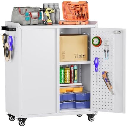 SUXXAN Storage Cabinet with Wheels and Pegboard, Rolling Garage Storage Cabinet with Locking Doors and Adjustable Shelf, Heavy Duty Steel Utility Cabinet for Home Office, Assembly Required by SUXXANFurniture