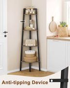 Hoctieon Corner Shelf, 4-Tier Corner Bookshelf, Rustic Ladder Shelf, Industrial Display Stand for Living Room, Kitchen, Home Office, Balcony, Small Space, Metal Frame, Grey - Image 4