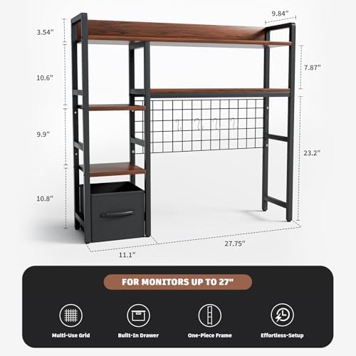 Desk Hutch for Computer Monitor,Desktop Bookshelf Organizer,4 Tier Desk Hutch with Grid Panel,38.6" Desk Shelf Storage Rack for Home Office,Study,Dorm,Walnut - Image 3