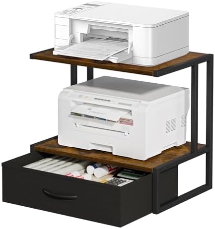 Printer Stand with Storage for Desk, with Fabric Drawer Desktop Printer Stand Shelf Organzier for Home Office, for Above and Under Desk Printer Table, Fax Machine Copier Scanner, Brown by VYUOL