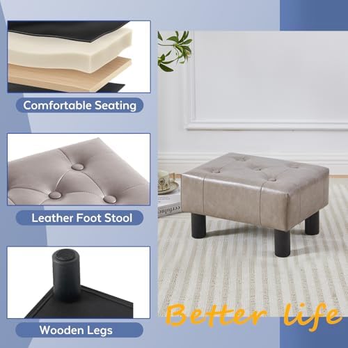 Small Foot Stool Ottoman, Faux Leather Footstool Ottoman Foot Rest for Couch, Rectangle Footstools and Ottomans Small for Living Room, Entryway and Bedroom (Gray) - Image 4