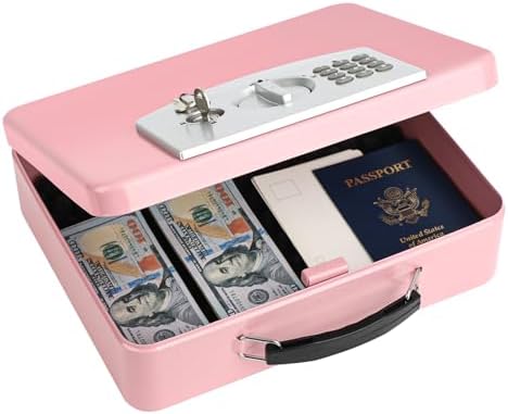 KYODOLED Pink Safe Box with Digital Keypad Lock, Lock Box with Code for Personal Items, Metal Security Box for Cash, Passport, Jewelry, Ideal for Home, Office, Garage Sale, 11.8'' x 9.4'' x 3.5'' by KYODOLED
