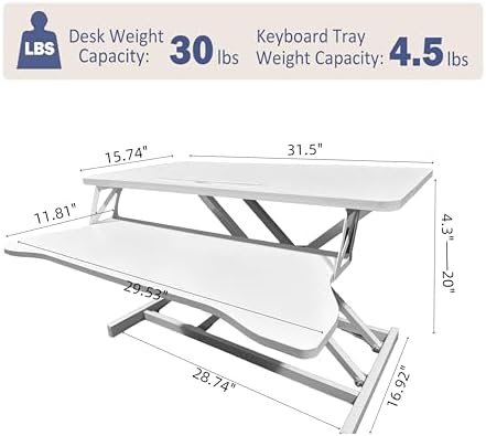 32 Inch Height Adjustable Stand Up Desk Riser, Heavy Duty Computer Workstation with Removable Keyboard Tray - Ergonomic Design for Home Office Workshop Gaming, Spacious Platform(White) - Image 2