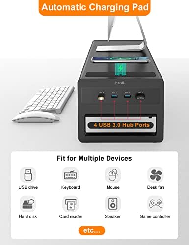 2 Tiers Dual Monitor Stand with Auto Charging Pad, 4 USB 3.0 Hub Ports, Double Monitor Riser, Metal Desk Stand with Storage, Long Screen Raiser for 2 Monitors/PC/Laptop/Computer Space Saver Organizer - Image 2