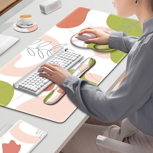 Gaming Mouse Pad, Large Desk Mat, Cute Desk Pad Protector, 4 in1 XXL Mousepad + Keyboard Wrist Rest+Mouse Wrist Rest+Coaster Set with Ergonomic Desk Pad for Home Office Table Computer Pink Rose - Image 7