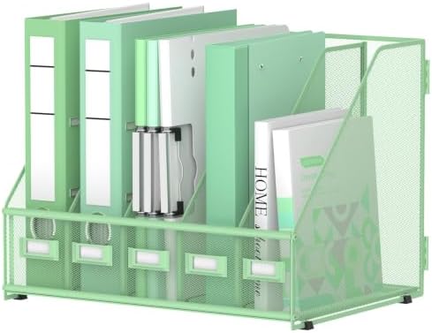 5 Vertical Compartments Magazine Holder, Metal Binder Organizer, Mint Green by JMHUD