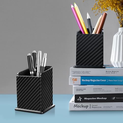 Carbon Fiber Black Pen Holder Cup for Desk, Black Pencil Cup Holder for Desk Office Pen Organizer,Modern Minimalist Pen Holder,Matte Black - Image 6