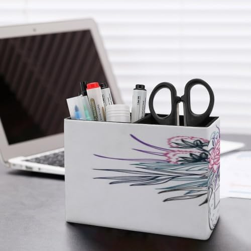 PU Leather Multi-Compartment Pen Holder Desktop Organizer Pencil Cup Storage Caddy for Office Home Supplies Hand Drawn Vector Illustration Fashion Bouquet of Flowers Leaves And Blossom Floral Design - Image 5