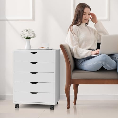5 Drawer Chest, Storage Cabinet Dressers with Wheels, Dressers Storage Cabinets, Dresser Mobile Cabinet with Wheels, Room Organizer, Drawers Wood Organization Furniture for Office, Home, White by SimpleDeluxe
