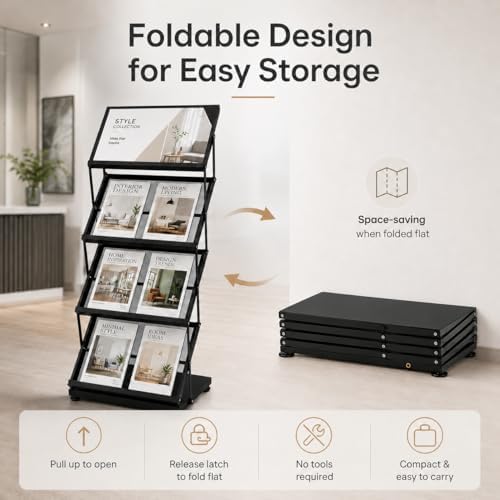 Foldable Magazine Display Racks, 4 Pockets Brochure Display Rack with Wheels, Brochure Catalog Display Stand for Living Room, Hotel, Trade Show, Exhibition, Office - Image 2