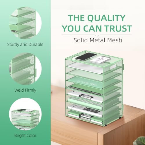 9-Tier Paper Organizer for Desk, Metal Letter Tray with Handles, Mint Green - Image 4