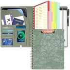 Clipboard with Storage for Men Women, Leather Padfolio Portfolio Organizer 5 Folders with 10 Pockets, Spiral Clipboard Folio with Notepad for Letter Size, Elastic Closure and Pen Loop Green Floral by OspelelfOfficeSupplies