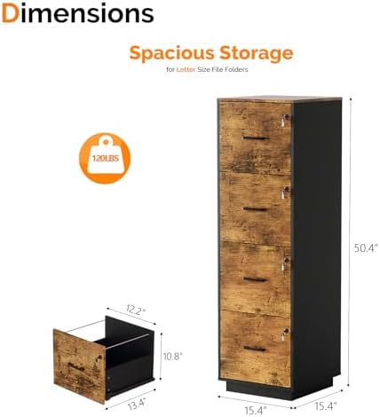 VINGLI 4 Drawer File Cabinet with Lock, Home Office Filing Organizer, for Letter Size File Folder Storage, Wood Tall Vertical Filing Cabinet, Printer Stand, Archivador (Rustic Brown) - Image 3