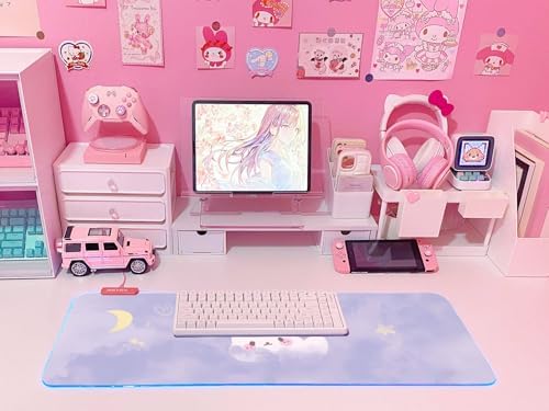 JMIYAV Pink RGB Gaming Mouse Pad Kawaii Mouse Mat 31.5x12 Inch PC XL Large Extended Glowing Led Light Up Desk Pad Non-Slip Rubber Base Computer Cute Desk Accessories Gaming Setup Purple Moon Bunny - Image 6