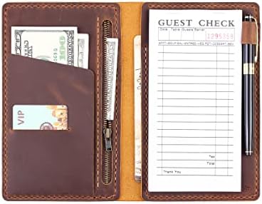 Server Book Organizer with Zipper Pocket, Genuine Leather Restaurant Guest Check Presenters Card Holder for Waitress, Waiter Accessories Fit Server Apron - Brown by Robrasim