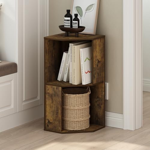 Furinno ECON Corner Shelf, 2-Tier Corner Book Shelf, Standing Storage Shelves, Cube Display Rack, Bookshelf, for Organization and Storage, Living Room, Home Office, Amber Pine - Image 2