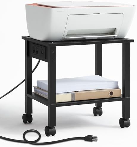 YUFAM 2 Tier Under Desk Printer Stand with Charging Station, Black by YUFAM