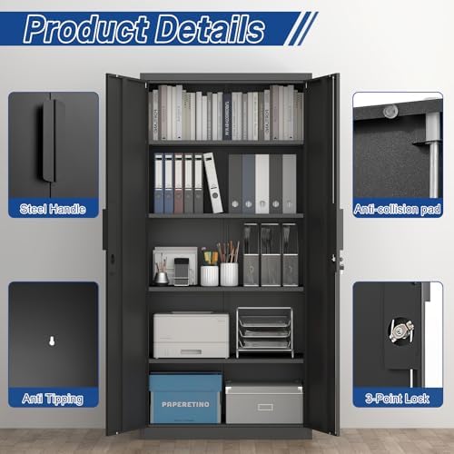 Metal Storage Cabinet with Doors and 4 Shelves, 72x34x18 Garage Storage Cabinets,Tall Black Locking Metal Cabinets with Lock for File, Office, Garage, Home - Image 4