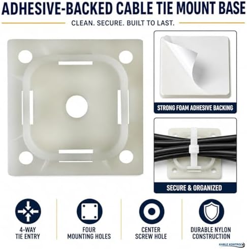 Kable Kontrol Zip Tie Mounts, 1-1/2” Natural White 2500 Pcs Adhesive Backed - Image 2