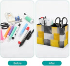 Pens Holder, Pencils Holder for Desk Organizer, Abstract Art Gray Yellow Plaid PU Leather Pencil Cups Desktop Stationery Storage Makeup Brush Holder Pens Organizer for Office Home - Image 3