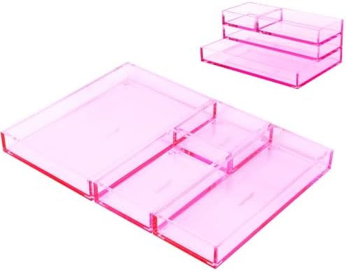 4-Piece Stackable Pink Acrylic Desk Organizer for Office or Home Desk Drawer Dividers, Makeup Vanity Storage Bins, Accessory Acrylic Tray/Half Accessory Tray/Small Tray by EXPUTRAN