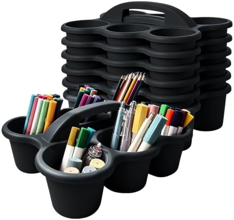 6 Pack Classroom Caddy Organizer with Handle Black Plastic Table Caddy 6 Compartments Storage Cup Holder for School Supplies Art Crafts Crayons Pencils Stackable Desk Caddy for Office Home by JEChrochen