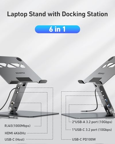 BENFEI Laptop Stand with USB C 6in1 Docking Station, HDMI 4K@60Hz,Gigabit Ethernet, 100W Power Delivery, 10Gbps 1*USB C 3.2 and 2*USB A 3.2 Compatible with MacBook Pro/Air, iPad Pro, XPS, Thinkpad - Image 2