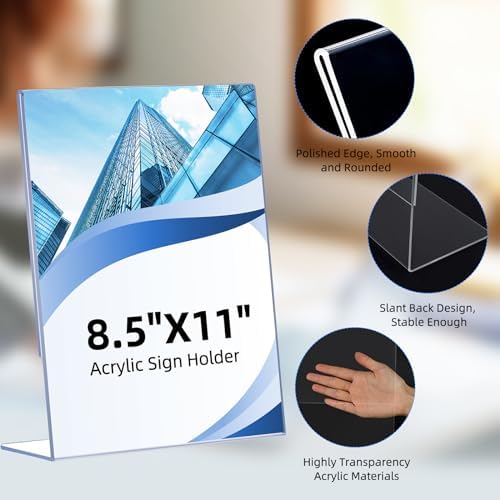 DECOHOBO 12 Pack Acrylic Sign Holder 8.5 x 11, Clear Plastic Display Stands for Tabletop, L-Shape Acrylic Stands for Flyers, Documents, Office, Restaurants, Vertical Sign Holder 8.5x11 for Desktop - Image 5