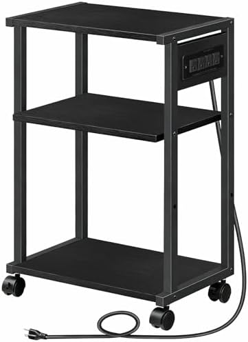 HOOBRO Industrial Printer Stand with Charging Station, 3-Tier Printer Table, Rolling Printer Cart with Adjustable Shelf and Hook, Black BB28UPS01 by HOOBRO