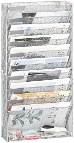 EasyPAG Wall File Holder 10 Tier Mesh Hanging Folder Organizer with Flat Tray Wall Mounted Mail Organizer Magazine Paper Desk Shelf with Nametag Label for Office Home School, Silver by EasyPAG