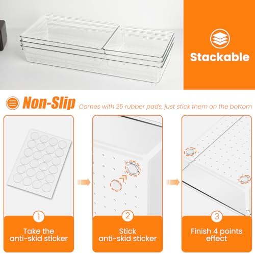 Criusia 18 Pcs Large Size Clear Drawer Organizer Set, Acrylic Non Slip Non Cracking Kitchen Drawer Storage Tray Divider, Multifunctional Storage for Cosmetics, Bathroom, Tools, Kitchen and Office - Image 3