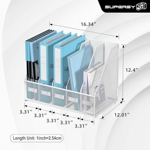 SUPEASY Desk Organizers Metal Desk Magazine File Holder with 5 Vertical Compartments Rack File Organizer for Office Desktop, Classroom, Home Workspace, White Plus - Image 3