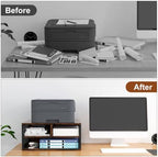 2 Tier Printer Stand with Storage, Wooden Printer Shelf with Metal Frame, Desktop Paper Organizer for Home Office, Multi-Functional Desk Rack for Fax Scanner, Brown - Image 2