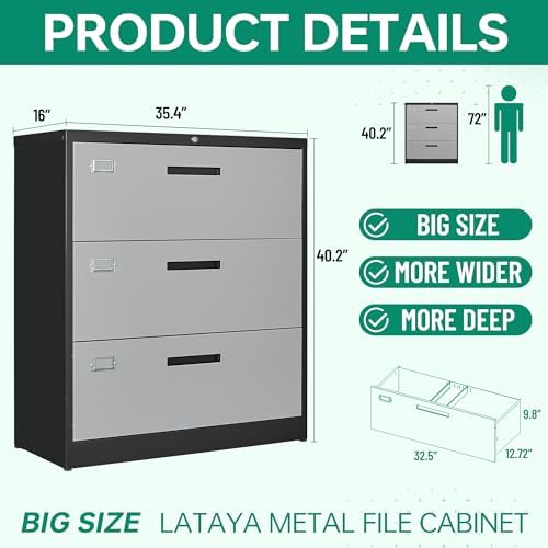Letaya File Cabinet with Lock-Lateral 3 Drawer Metal Filing Cabinets-Organization Storage for Home Office-Hanging Letter/Legal/F4/A4 Size (Grey Black) - Image 3