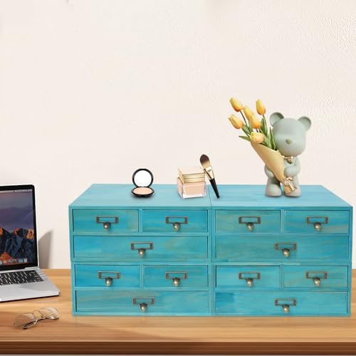 4 Pcs Vintage Desktop Organizer Set, Wooden 12 Drawer Storage Cabinets with Metal Handles & Label Slots, Stackable Apothecary Chest for Office, Herb, Tea, Jewelry and Stationery Organization (Blue) - Image 2