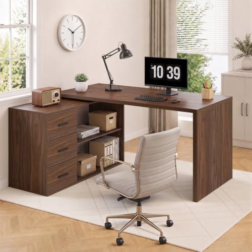 HSH Walnut L Shaped Desk Corner Desk with 3 Storage Drawers 55 inch - Image 4