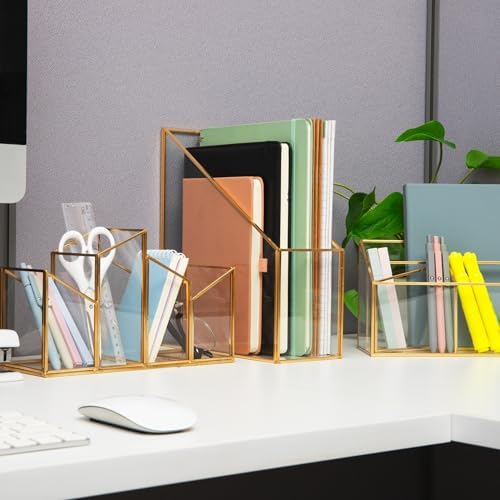 Mind Reader Vertical Glass File Holder with Copper Trim, Angled Magazine Organizer for Documents, Folders & Mail, Glass and Copper, Clear - Image 4