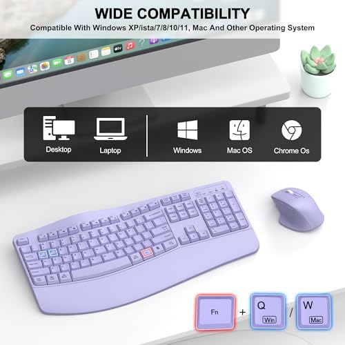 Wireless Keyboard and Mouse Combo, 2.4G Ergonomic Wave Keys(Purple) - Image 7