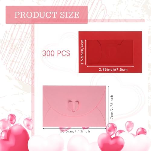Uiifan 300 Pcs Window Gift Card Envelopes 4 x 2.8 Inch Gift Card Sleeves Mini Envelopes with Heart Shaped Clasp for Business Party Greeting Invitation(Red,Pink,Rose Red) - Image 2