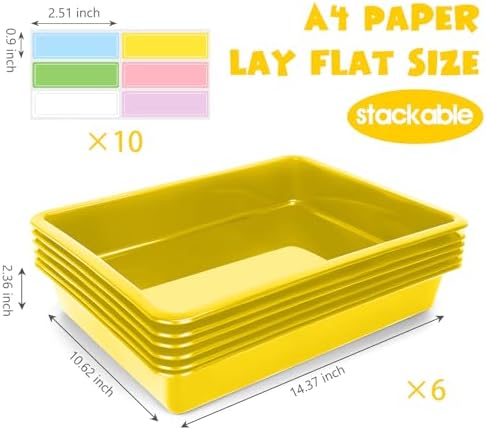 ShineMe 6 Pack Paper Trays for Classroom, Yellow Plastic Book Bins with Colorful Labels, Stackable Letter Size Storage Tray, Desk Organizer Tray for Home, School and Office - Image 2