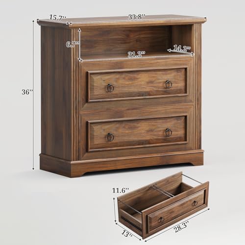 Itaar 2 Drawer File Cabinet, Farmhouse Filing Cabinet for Home Office Fits Letter, Legal, A4 Size, Wood Lateral File Cabinet with Printer Stand, Storage Shelf, Brown - Image 2