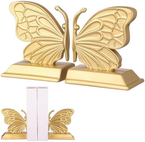 Kathfly Decorative Butterfly Bookends, Vintage Butterfly Book Ends, Resin Gold Bookends for Shelves, Heavy Duty Book Stopper for Desk Home Office, Shelf Decoration by Kathfly